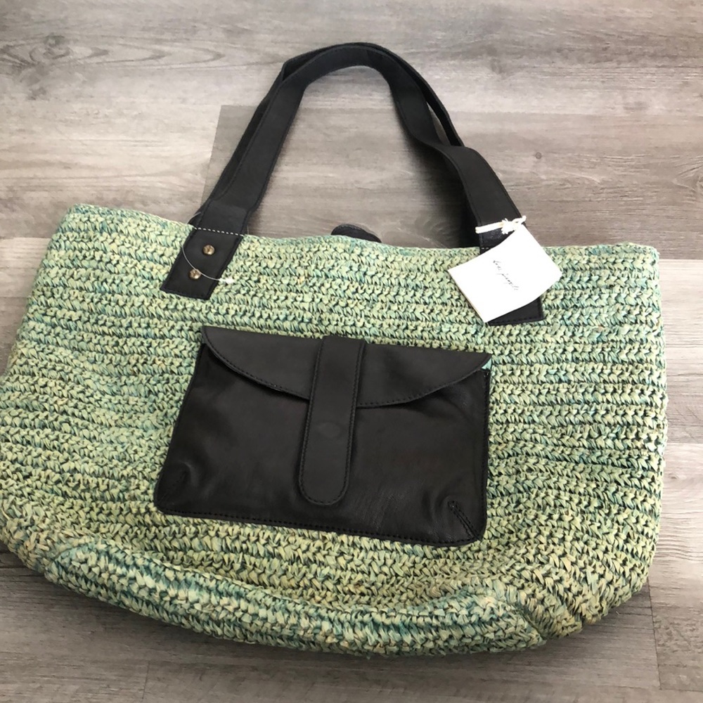Free People Green En Riva Raffia Tote Black Leather Accents NWT